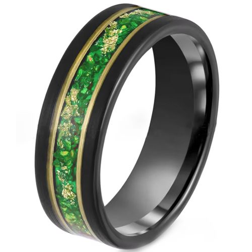 ***COI Tungsten Carbide Black Gold Tone Double Grooves Ring With Gold Foil & Created Green Emerald-00510DD