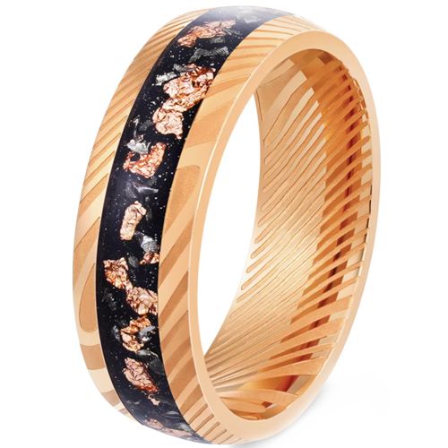 ***COI Tungsten Carbide Gold Tone/Rose Damascus Ring With Gold Foil & Meteorite-00522DD