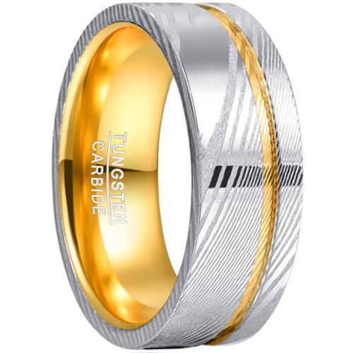 ***COI Tungsten Carbide Gold Tone Silver Offset Groove Damascus Pipe Cut Flat Ring-00538DD