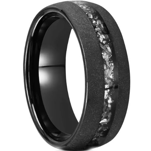 ***COI Black Tungsten Carbide Sandblasted Dome Court Ring With Meteorite-00545DD