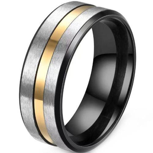 ***COI Tungsten Carbide Black Gold Tone Silver Center Groove Beveled Edges Ring-00979DD