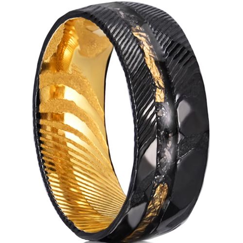 ***COI Tungsten Carbide Black Gold Tone Damascus Ring With Meteorite & Gold Foil-01018DD