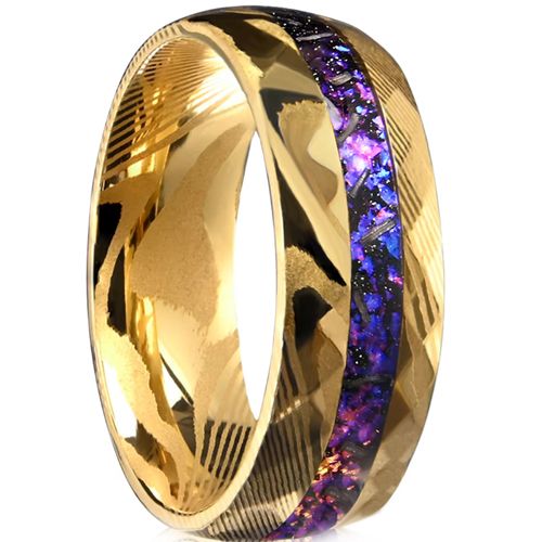 ***COI Gold Tone Tungsten Carbide Damascus Ring With Crushed Opal-01020DD