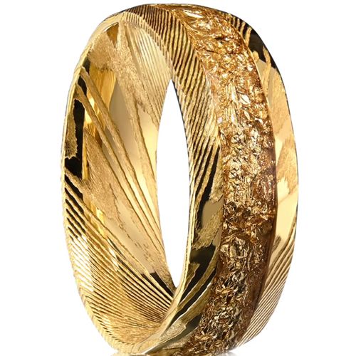 ***COI Gold Tone Tungsten Carbide Damascus Ring With Gold Foil-01022DD