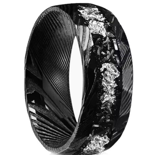 ***COI Black Tungsten Carbide Damascus Ring With Meteorite & Silver Foil-01023DD