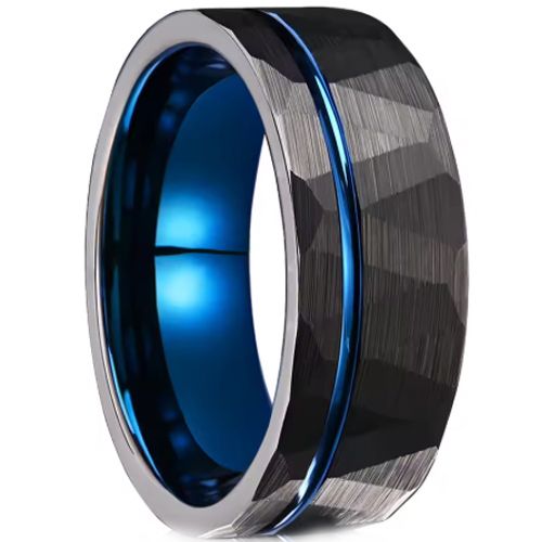 ***COI Tungsten Carbide Black Blue Offset Groove Faceted Ring-01077DD