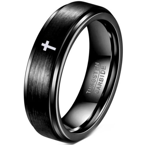 ***COI Tungsten Carbide Black/Gold Tone/Silver Cross Step Edges Ring-01089DD