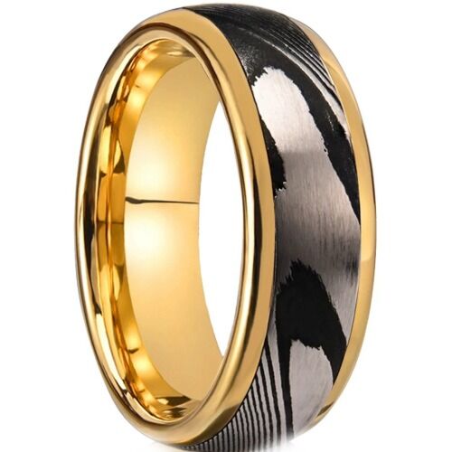 ***COI Tungsten Carbide Black Gold Tone Damascus Dome Court Ring-01184DD