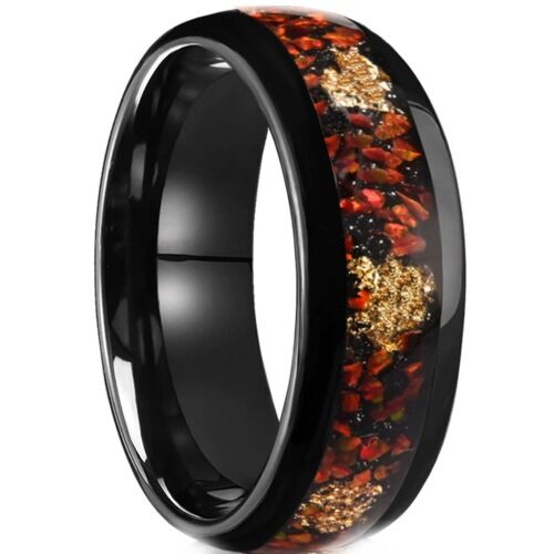 ***COI Black Tungsten Carbide Red Carol Meteorite Gold Foil Dome Court Ring-01192DD