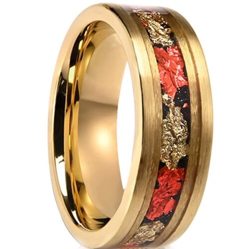 ***COI Gold Tone Tungsten Carbide Red Coral Meteorite & Gold Foil Ring-01196DD