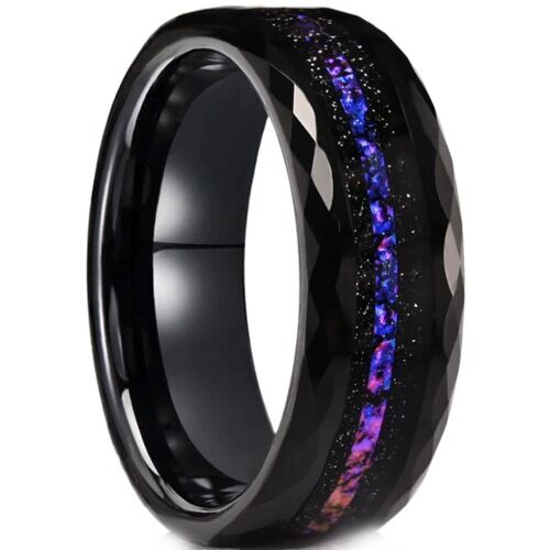 ***COI Black Tungsten Carbide Faceted Ring With Crushed Opal & Meteorite-01199DD