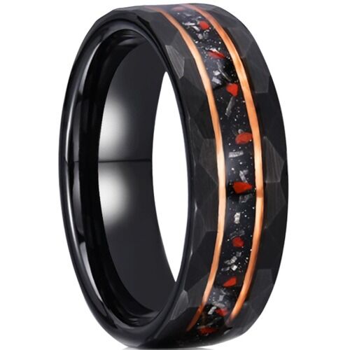 ***COI Tungsten Carbide Black Gold Tone Double Grooves Ring With Created Red Ruby & Meteorite-01206DD