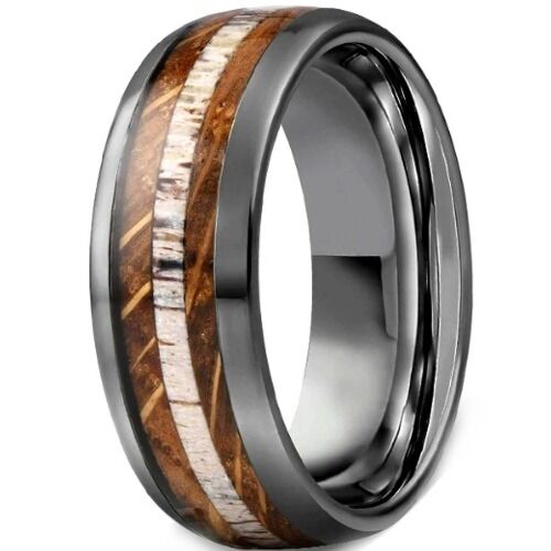 ***COI Black Tungsten Carbide Deer Antler & Koa Wood Dome Court Ring-01207DD