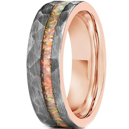 ***COI Tungsten Carbide Rose Silver Hammered Ring With Crushed Opal-01209DD