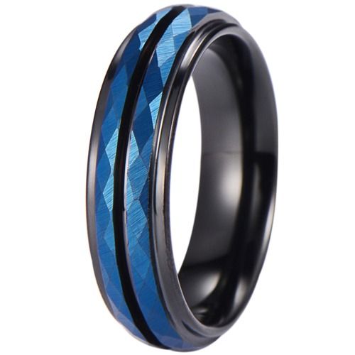 ***COI Tungsten Carbide Black Blue Center Groove Faceted Ring-01290DD