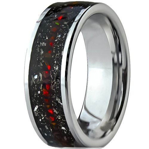 ***COI Tungsten Carbide Ring With Meteorite & Created Red Ruby-01316DD