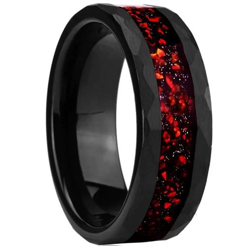 ***COI Black Tungsten Carbide Crushed Opal & Meteorite Faceted Beveled Edges Ring-01413DD