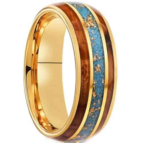 ***COI Gold Tone Tungsten Carbide Turquoise Wood & Gold Foil Dome Court Ring-01438DD