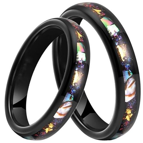 ***COI Black Tungsten Carbide Abalone Shell Meteorite & Gold Foil Dome Court Ring-01439DD