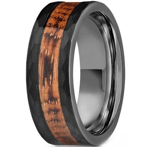 ***COI Black Tungsten Carbide Faceted Ring With Wood-01467DD