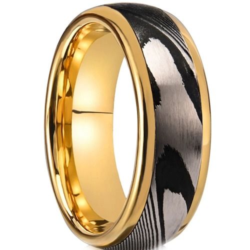 ***COI Tungsten Carbide Black Gold Tone Silver Damascus Ring-01468DD