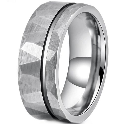 ***COI Tungsten Carbide Offset Groove Faceted Ring-01470DD