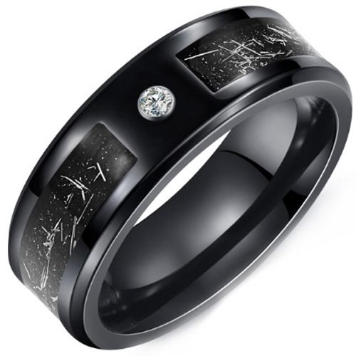 ***COI Black Tungsten Carbide Meteorite Beveled Edges Ring With Cubic Zirconia-01471DD