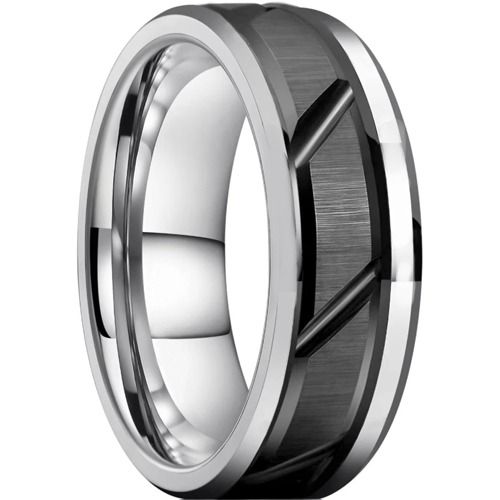 ***COI Tungsten Carbide Black Silver Diagonal Grooves Beveled Edges Ring-01538DD