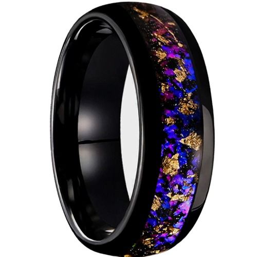 ***COI Black Tungsten Carbide Crushed Opal Meteorite & Gold Foil Dome Court RIng-01541DD
