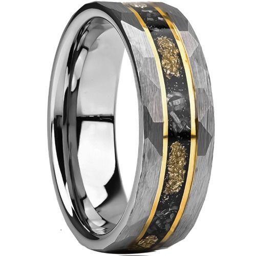 ***COI Tungsten Carbide Gold Tone Silver Meteorite & Gold Foil Faceted Ring-01542DD