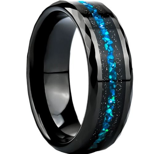 ***COI Black Tungsten Carbide Meteorite & Crushed Opal Faceted Ring-01543DD
