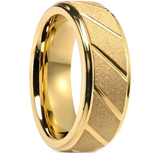 ***COI Gold Tone Tungsten Carbide Diagonal Grooves Sandblasted Step Edges Ring-01712DD