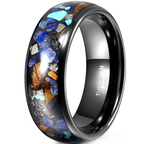 ***COI Black Tungsten Carbide Koa Wood Turquoise Meteorite Crushed Opal Dome Court Ring-01902DD