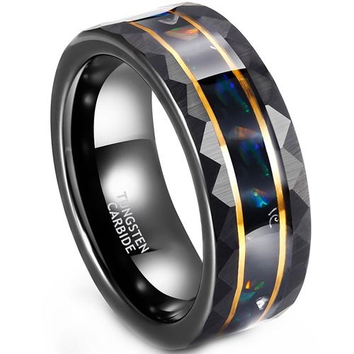 ***COI Tungsten Carbide Black Gold Tone Faceted Double Grooves Ring With Abalone Shell-01903DD