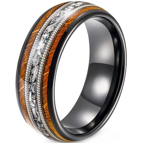 ***COI Tungsten Carbide Black Silver Wire Ring With Meteorite & Koa Wood-01906DD