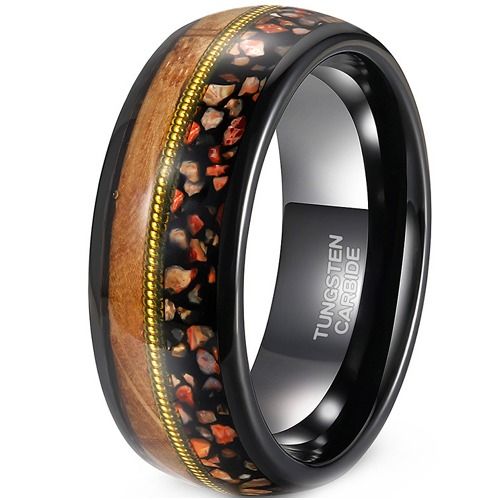 ***COI Tungsten Carbide Black Gold Tone Wire Ring With Koa Wood & Dinosaur Bone-01910DD