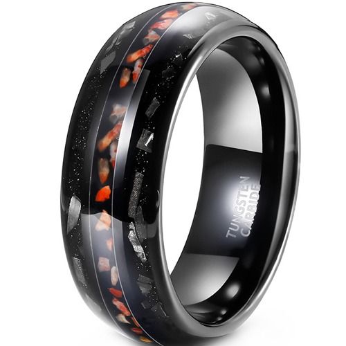 ***COI Black Tungsten Carbide Meteorite & Dinosaur Bone Dome Court Ring-01911DD