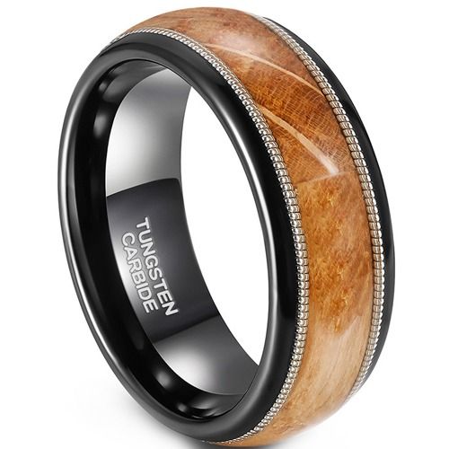 ***COI Tungsten Carbide Black Silver Wire Ring With Koa Wood-01914DD