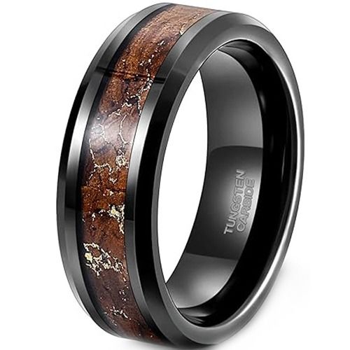 ***COI Black Tungsten Carbide Beveled Edges Ring With Koa Wood & Gold Foil-01924DD