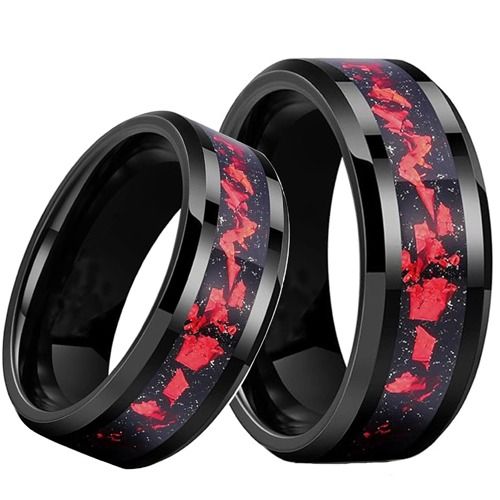 ***COI Black Tungsten Carbide Meteorite & Red Coral Beveled Edges Ring-01938DD