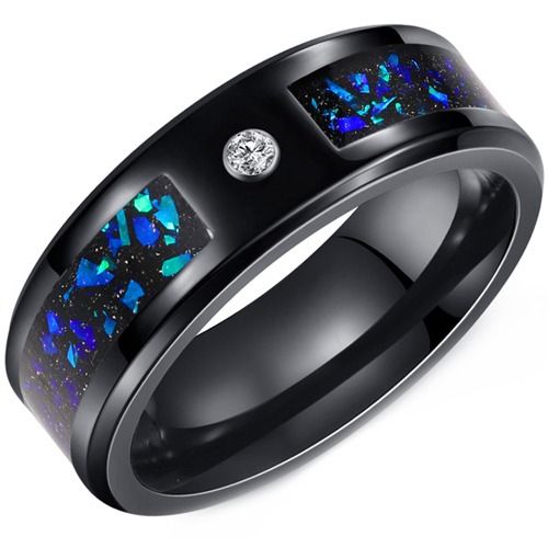 ****COI Black Tungsten Carbide Cubic Zirconia Ring With Meteorite & Crushed Opal-02185DD