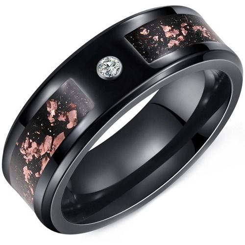 ****COI Black Tungsten Carbide Cubic Zirconia Ring With Meteorite & Rose Gold Foil-02188DD