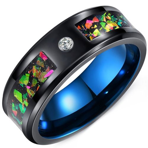 ****COI Tungsten Carbide Black Blue Cubic Zirconia Ring With Meteorite & Crushed Opal-02189DD