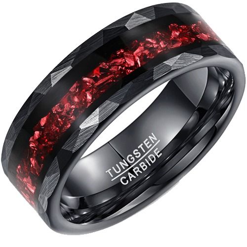 ****COI Black Tungsten Carbide Faceted Ring With Created Red Ruby-02195DD