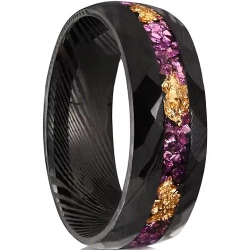 ****COI Black Tungsten Carbide Damascus Faceted Ring With Purple Amethyst & Gold Foil-02236DD
