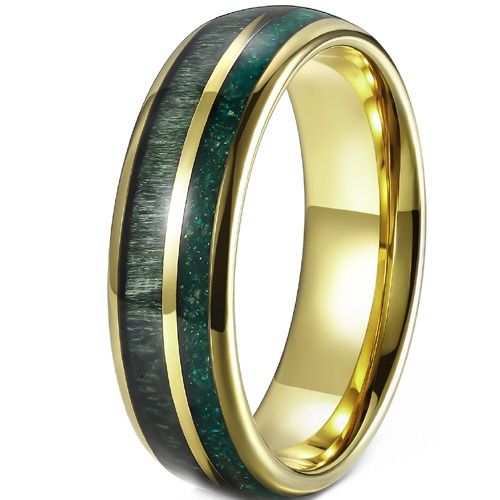 ****COI Gold Tone Tungsten Carbide Dome Court Ring With Green Koa Wood & Meteorite-02237DD