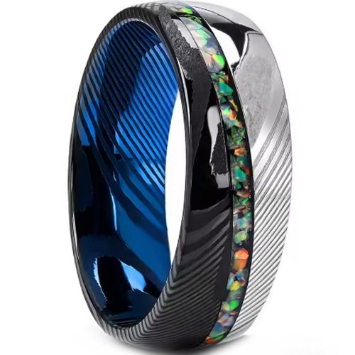 ****COI Tungsten Carbide Black Blue Silver Damascus Ring With Crushed Opal-02238DD
