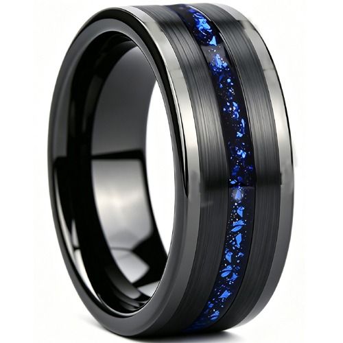 ****COI Black Tungsten Carbide Ring With Meteorite & Created Blue Sapphire-02261DD