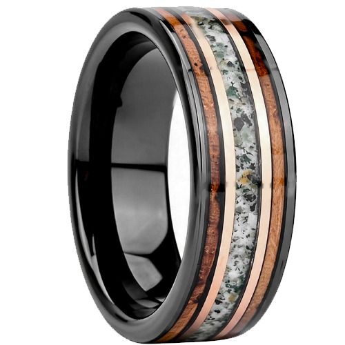 ****COI Tungsten Carbide Black Gold Tone Ring With Deer Antler & Koa Wood-02263DD