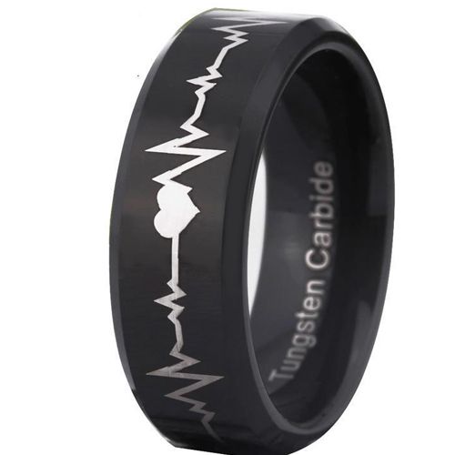 *COI Black Tungsten Carbide Heartbeat & Heart Beveled Edges Ring-1412